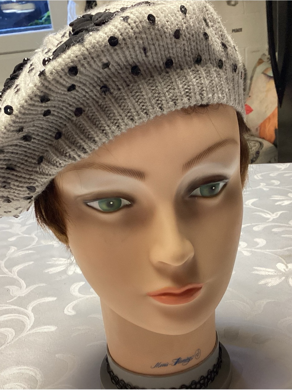 Gray Knit Beret with Black Sequin Dots - Women Accessories FRANCISCAS
